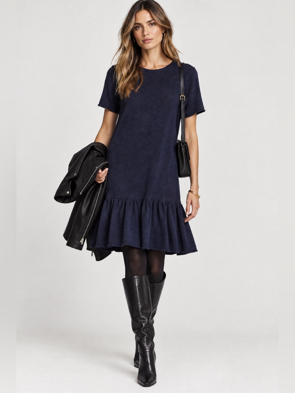 VILA (M) Short Sleeve Sweater Dress Ruffle Flowy Neutral Party Wedding Office